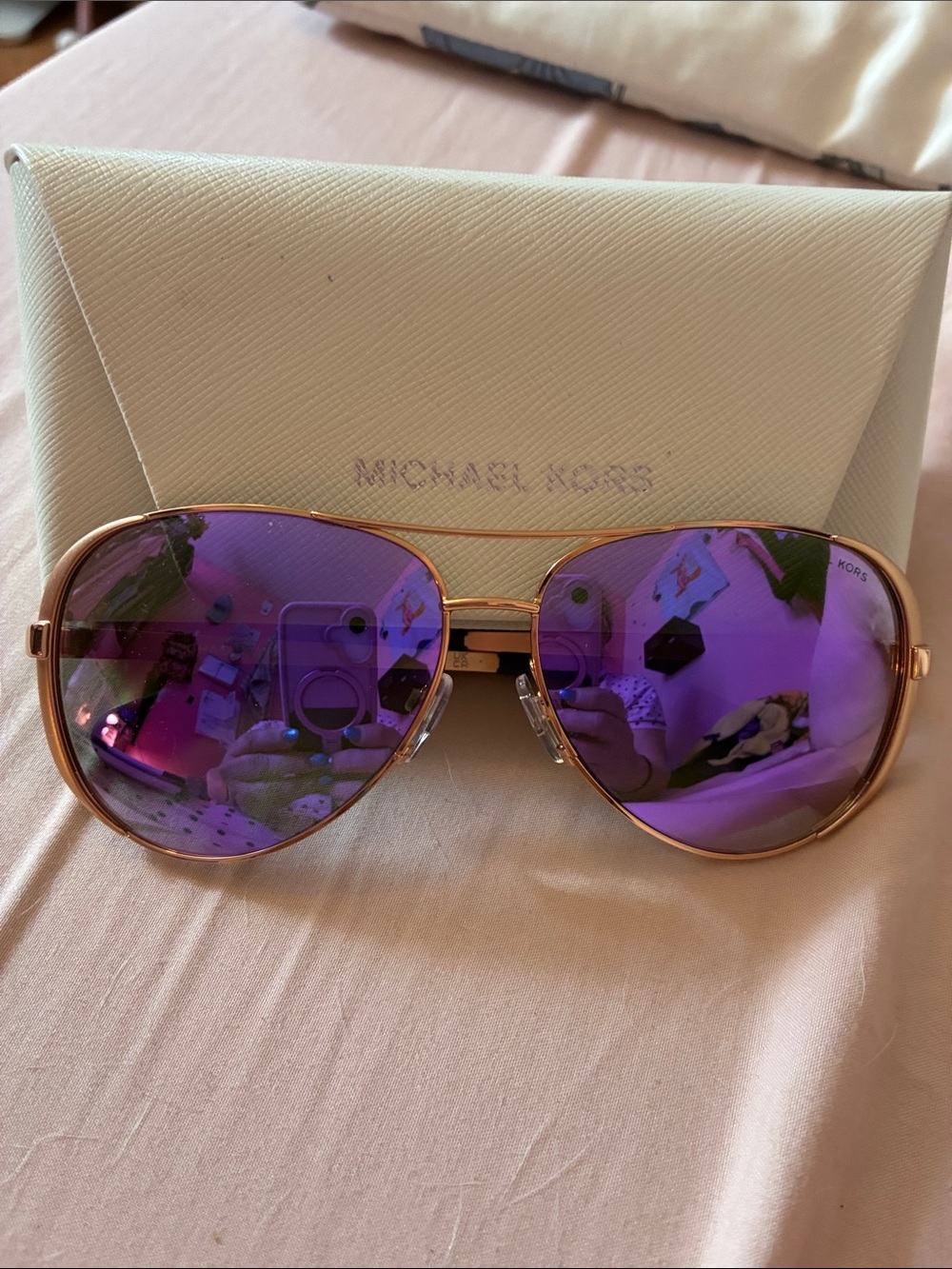 Michael Kors Purple Mirror Aviator Sunglasses with Gold Frame